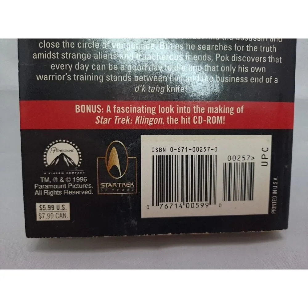 Star Trek: Klingon/ Pocket Books/1996/Novelization Of The CD-ROM Game/Good Cond.